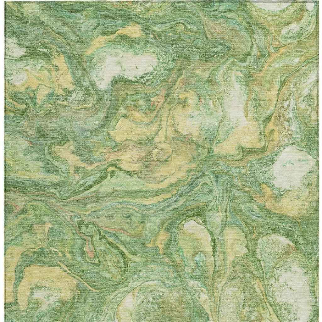 10' X 14' Green And Gold Abstract Washable Indoor Outdoor Area Rug