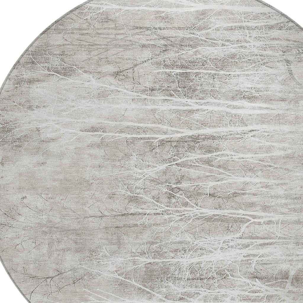 8' Silver And Gray Round Floral Washable Indoor Outdoor Area Rug