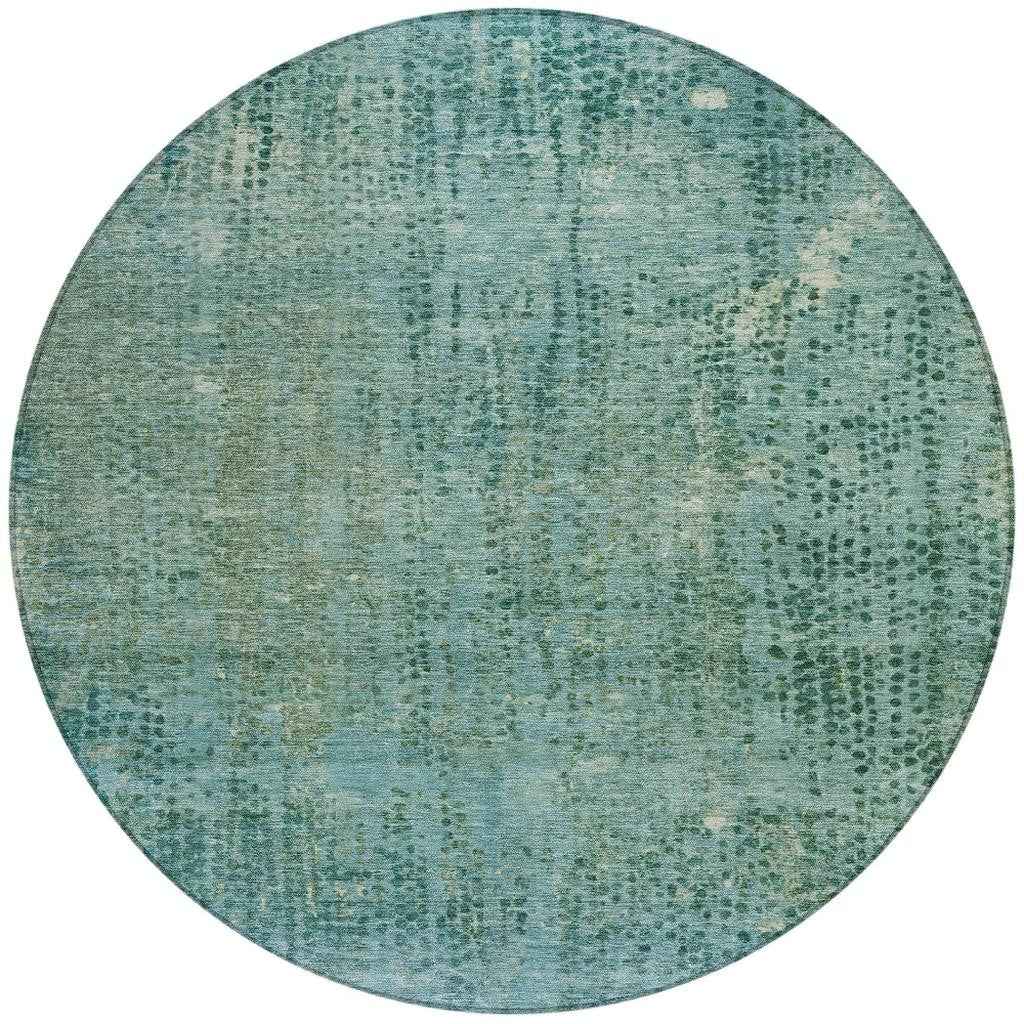 8' Teal Blue And Ivory Round Abstract Washable Indoor Outdoor Area Rug