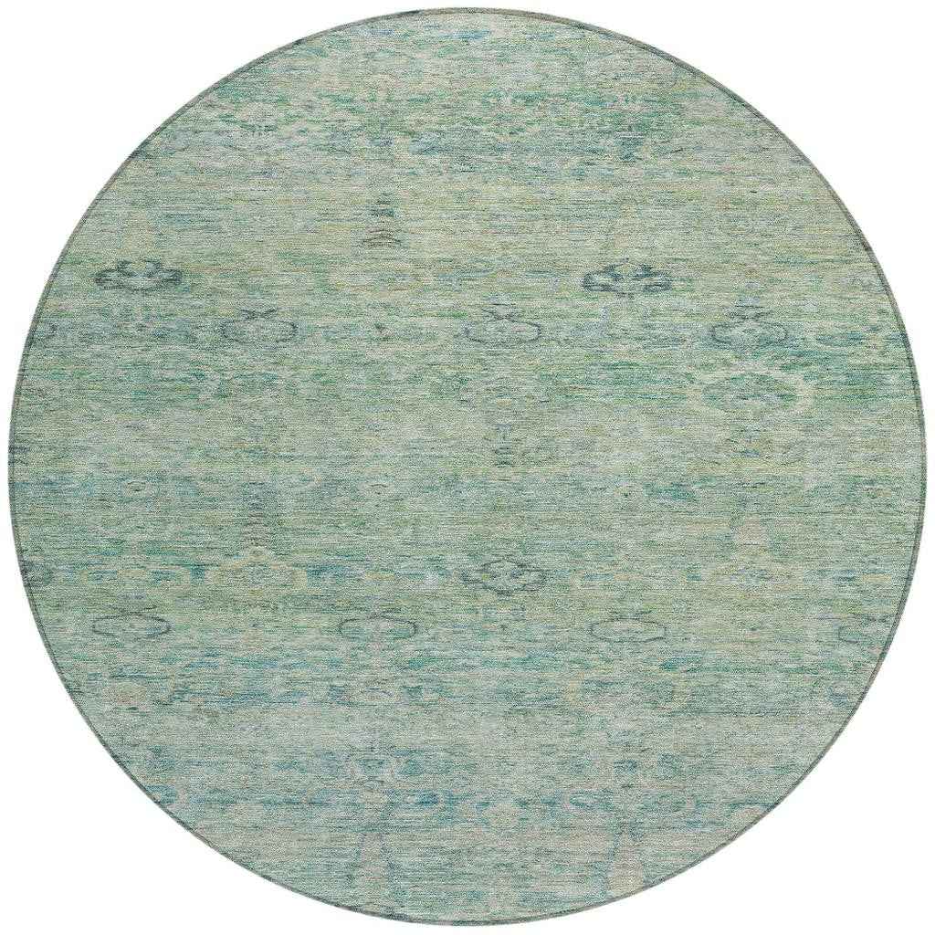8' Teal Blue And Linen Round Oriental Washable Indoor Outdoor Area Rug