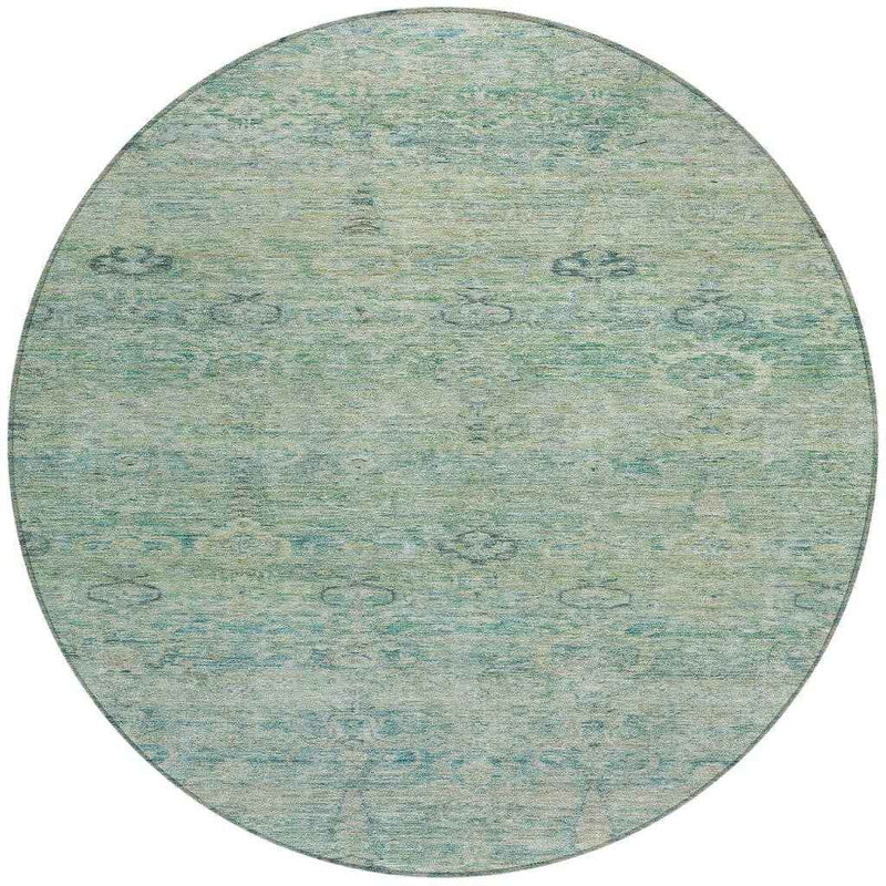 8' Teal Blue And Linen Round Oriental Washable Indoor Outdoor Area Rug