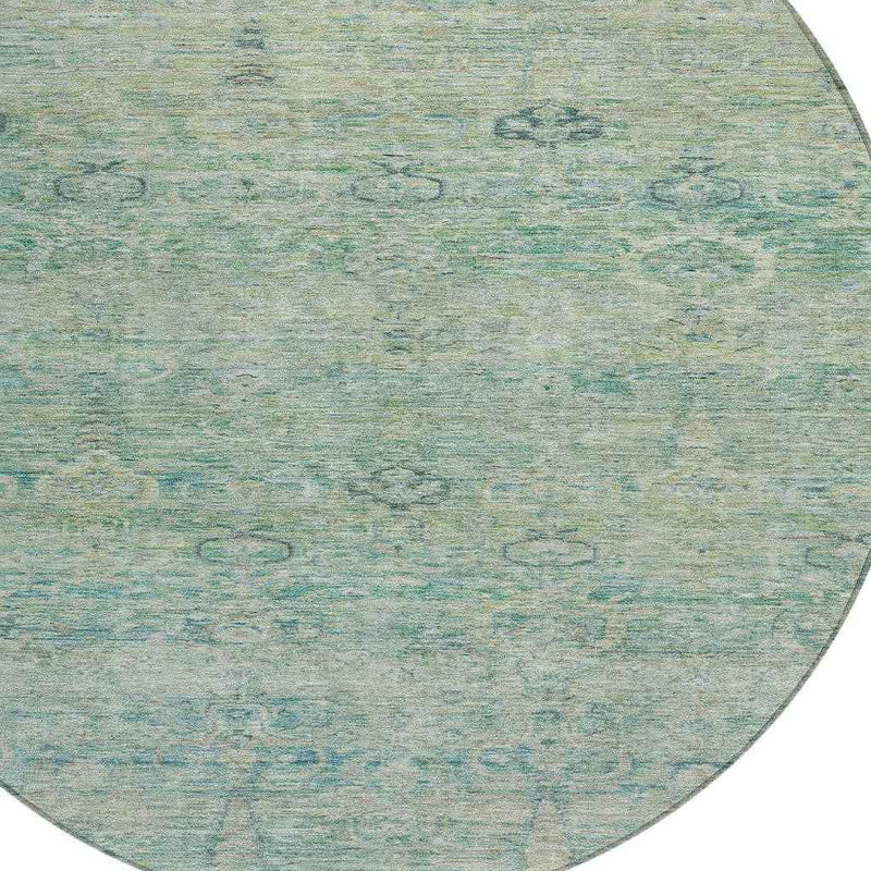 8' Teal Blue And Linen Round Oriental Washable Indoor Outdoor Area Rug
