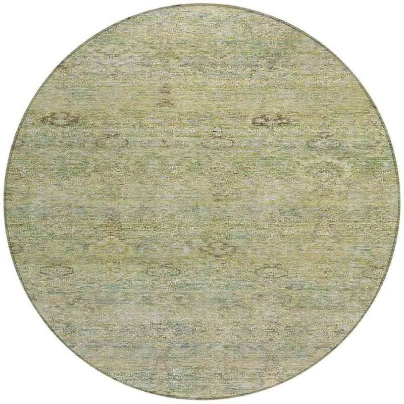 8' Green And Gold Round Oriental Washable Indoor Outdoor Area Rug