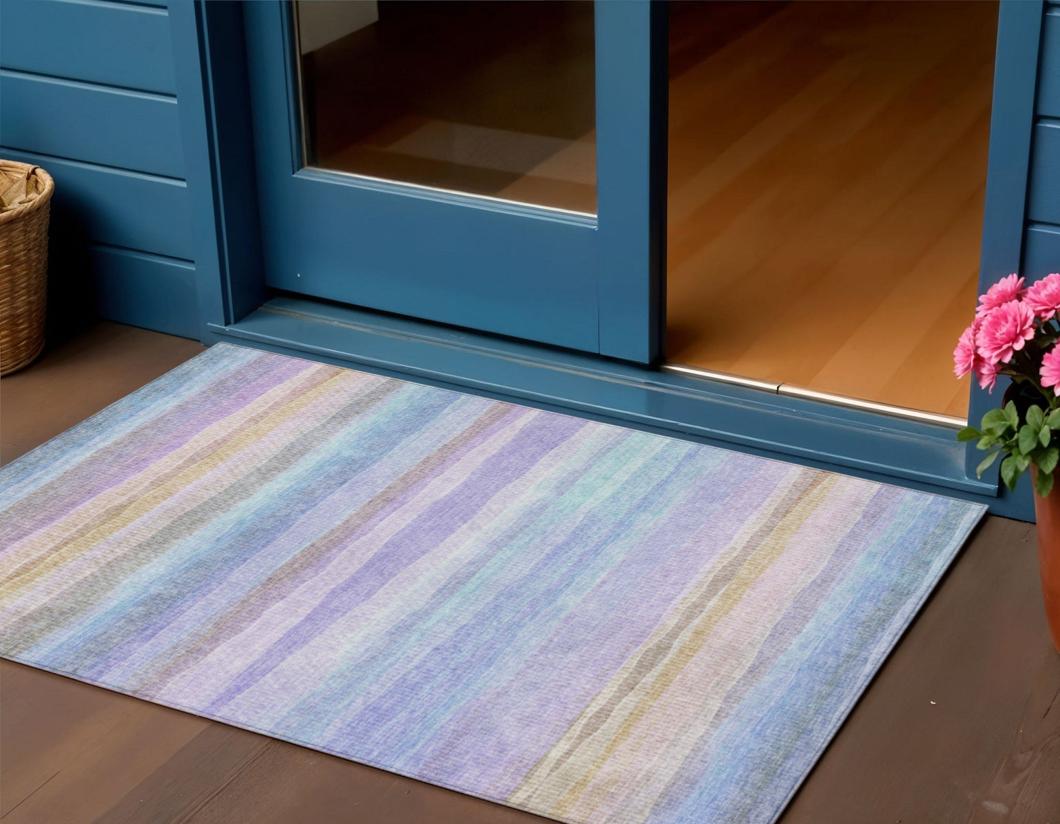 3' X 5' Lavender Sky Blue And Beige Striped Washable Indoor Outdoor Area Rug - Sports & Outdoor