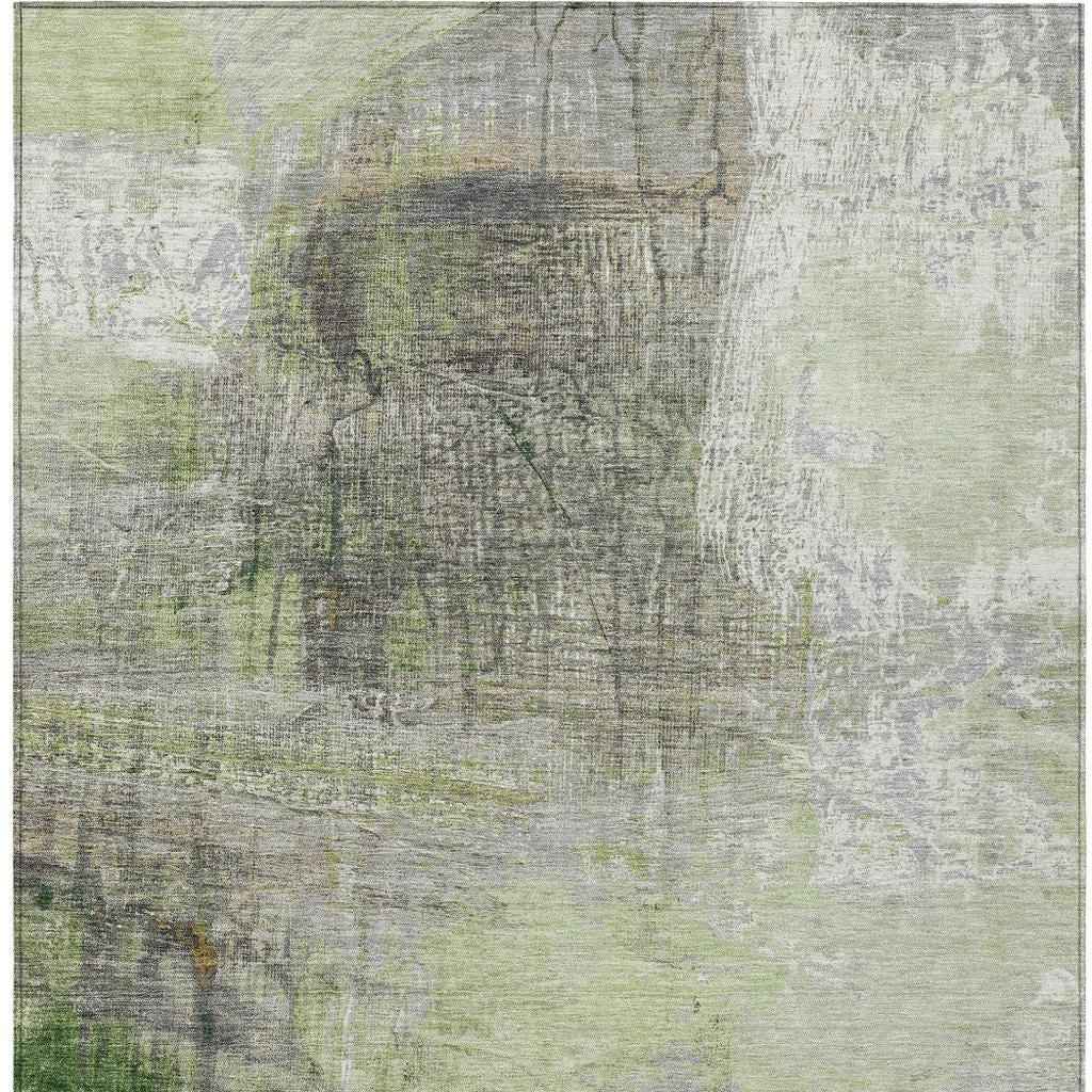 3' X 5' Artichoke Green And Ivory Abstract Washable Indoor Outdoor Area Rug