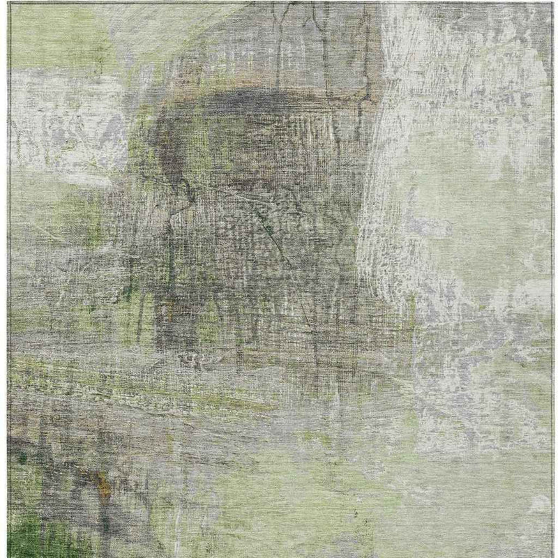3' X 5' Artichoke Green And Ivory Abstract Washable Indoor Outdoor Area Rug
