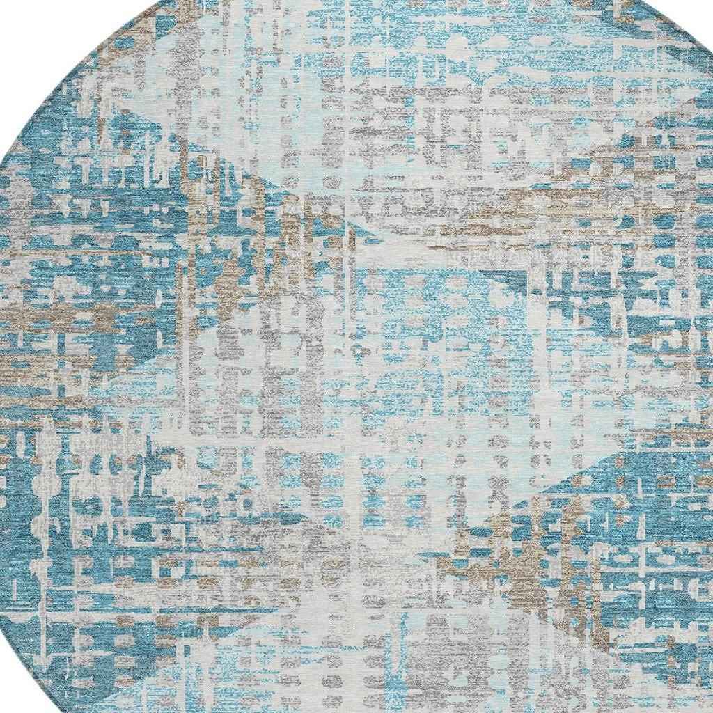 8' Teal Blue And Beige Round Geometric Washable Indoor Outdoor Area Rug