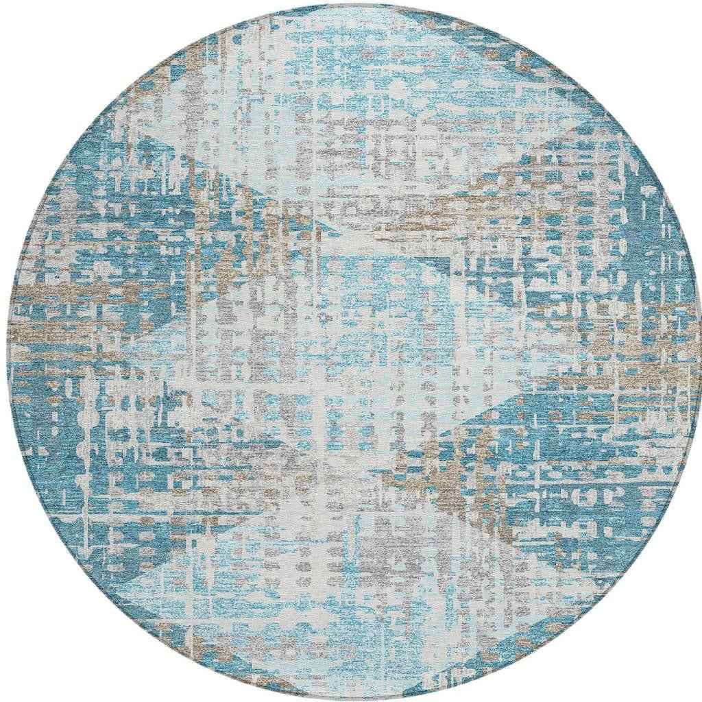 8' Teal Blue And Beige Round Geometric Washable Indoor Outdoor Area Rug