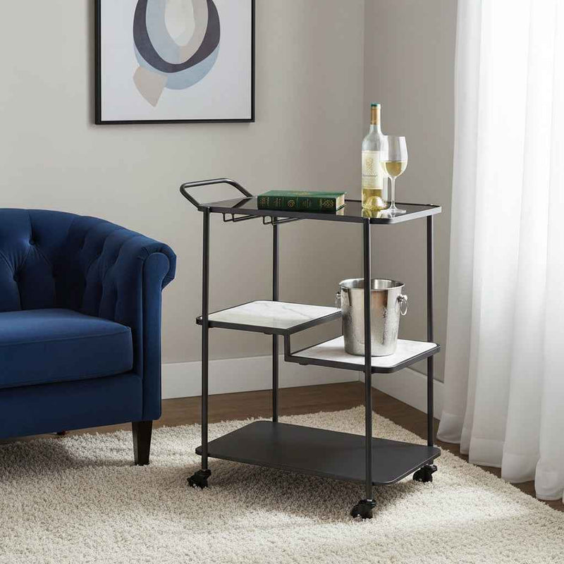 25" Black Steel Round Rolling Bar Cart