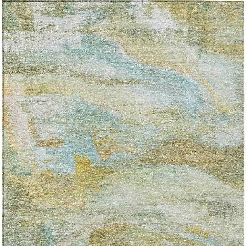 10' X 14' Beige Sky Blue And Ivory Abstract Washable Indoor Outdoor Area Rug