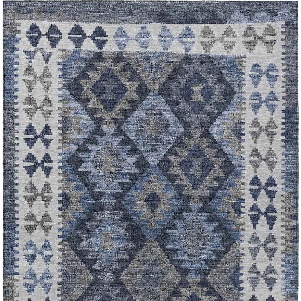 3' X 5' Navy Blue Ivory And Gray Tribal Washable Indoor Outdoor Area Rug