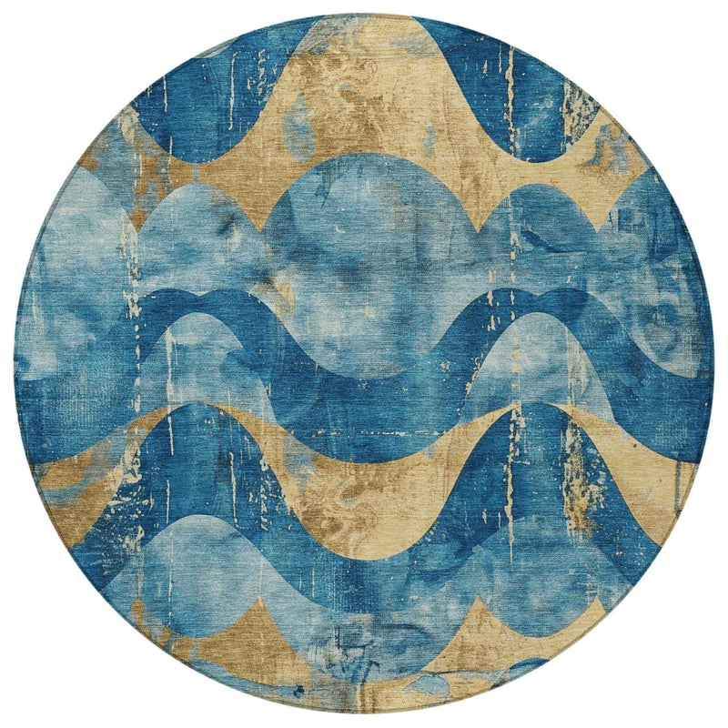 8' Teal Blue And Gold Round Abstract Washable Indoor Outdoor Area Rug
