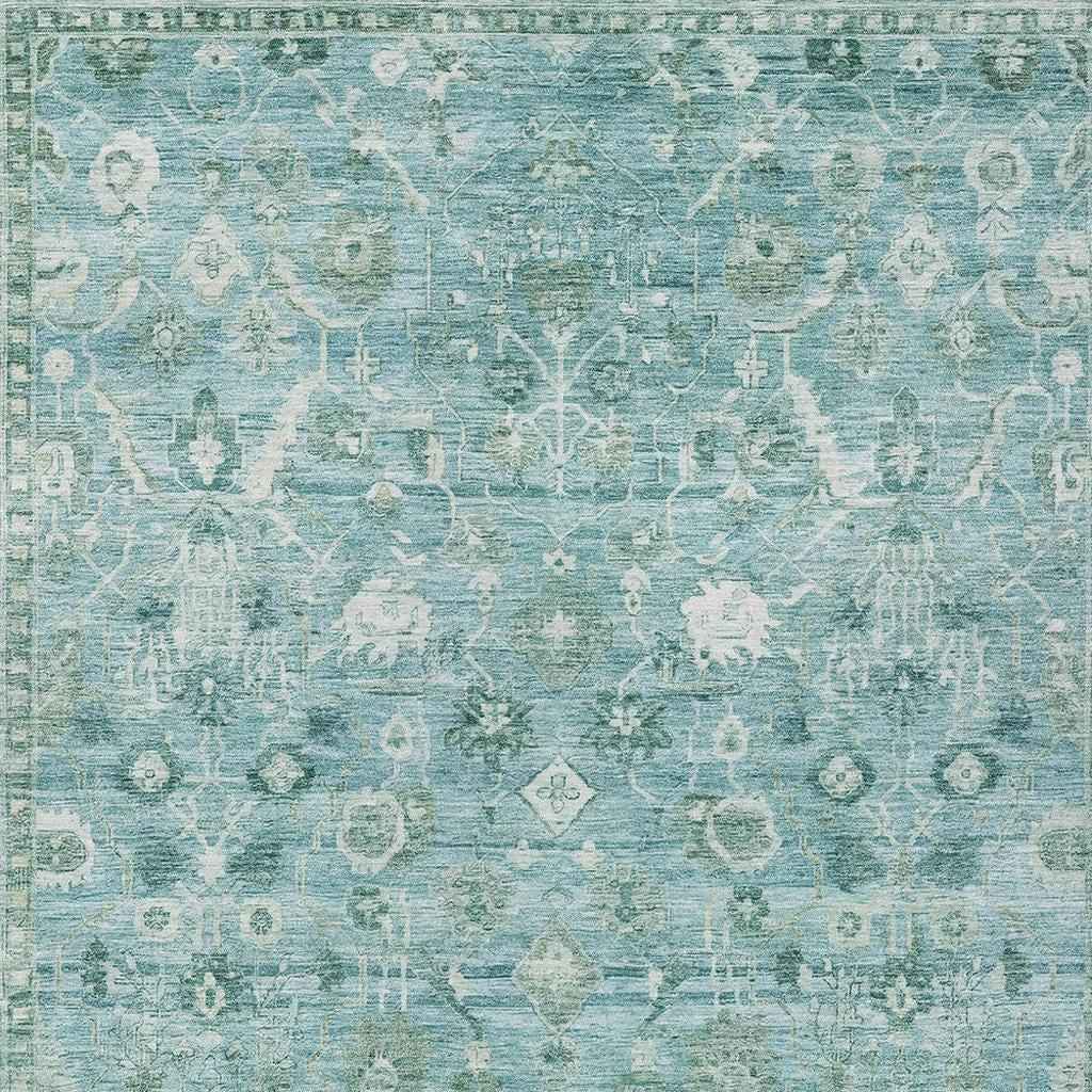 10' X 14' Blue Gray And Ivory Oriental Washable Indoor Outdoor Area Rug