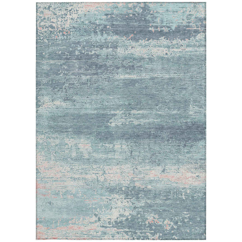 9' X 12' Teal Blue And Ivory Abstract Washable Indoor Outdoor Area Rug