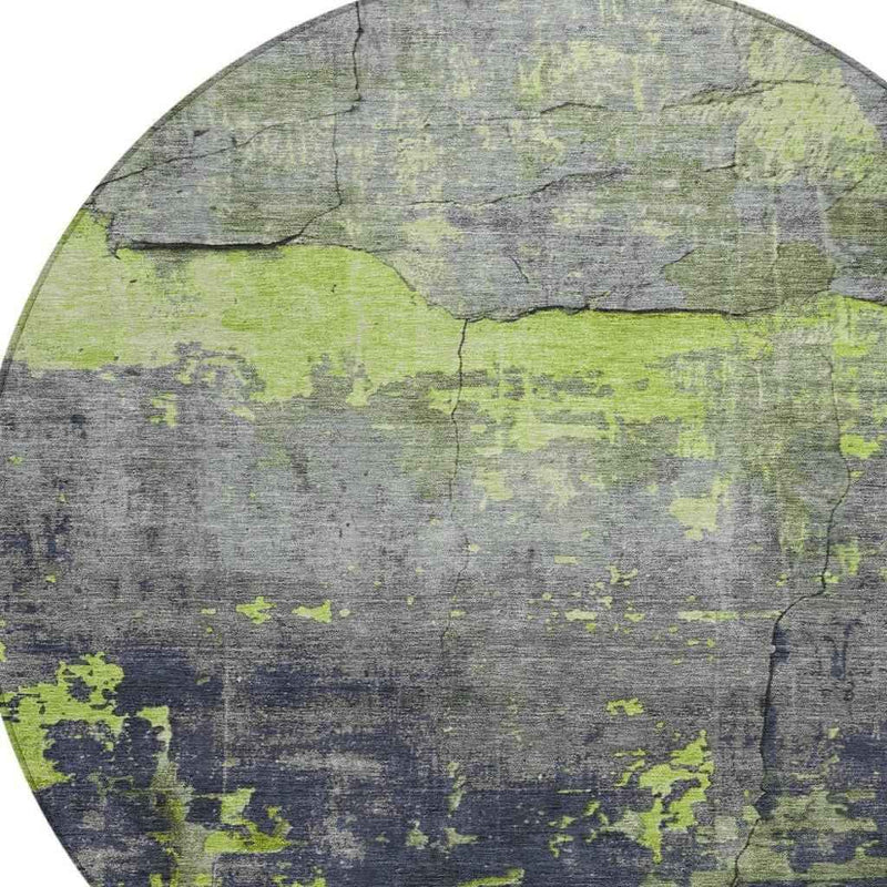 8' Lime Green Gray And Silver Round Abstract Washable Indoor Outdoor Area Rug