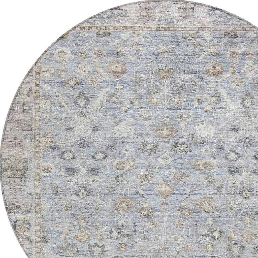 8' Sky Blue Brown And Ivory Round Oriental Washable Indoor Outdoor Area Rug