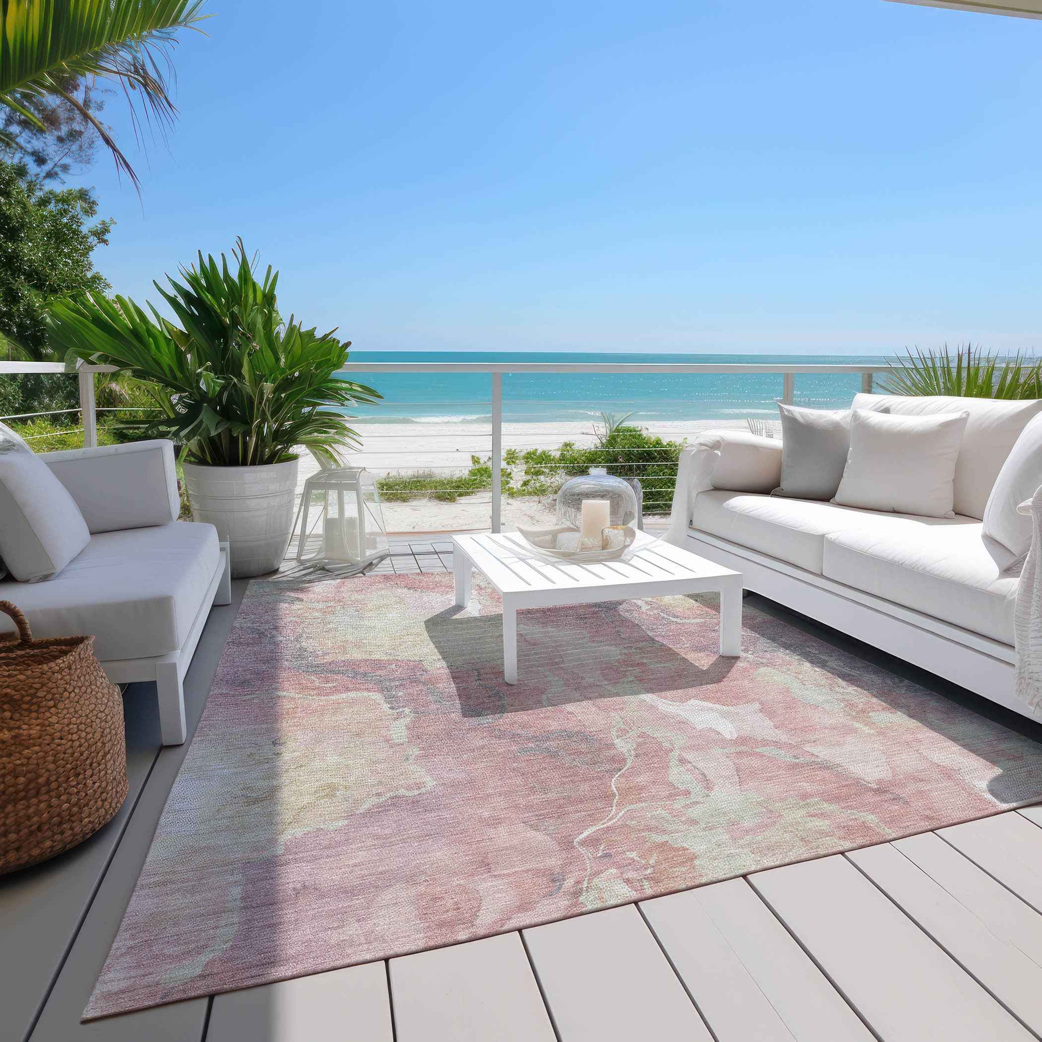 5' X 8' Pink And Beige Abstract Washable Indoor Outdoor Area Rug