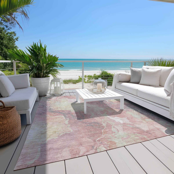 5' X 8' Pink And Beige Abstract Washable Indoor Outdoor Area Rug