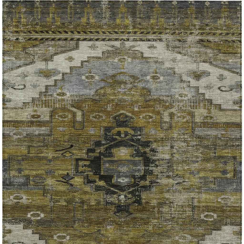 9' X 12' Brown Ivory And Gray Tribal Washable Indoor Outdoor Area Rug