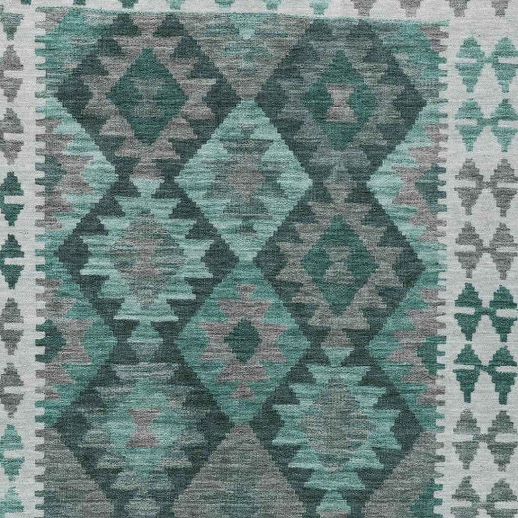 3' X 5' Pale Aqua Ivory And Gray Tribal Washable Indoor Outdoor Area Rug