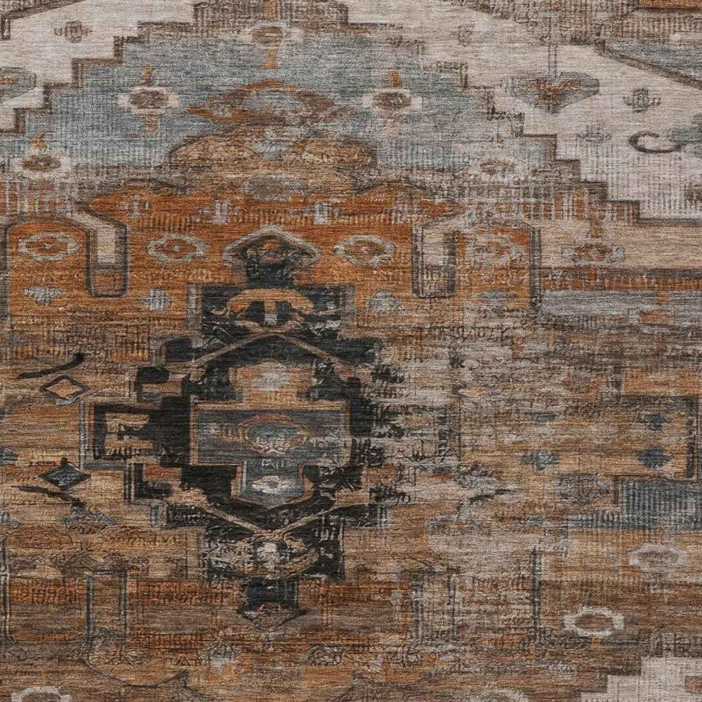 9' X 12' Terra Cotta Rust And Gray Tribal Washable Indoor Outdoor Area Rug
