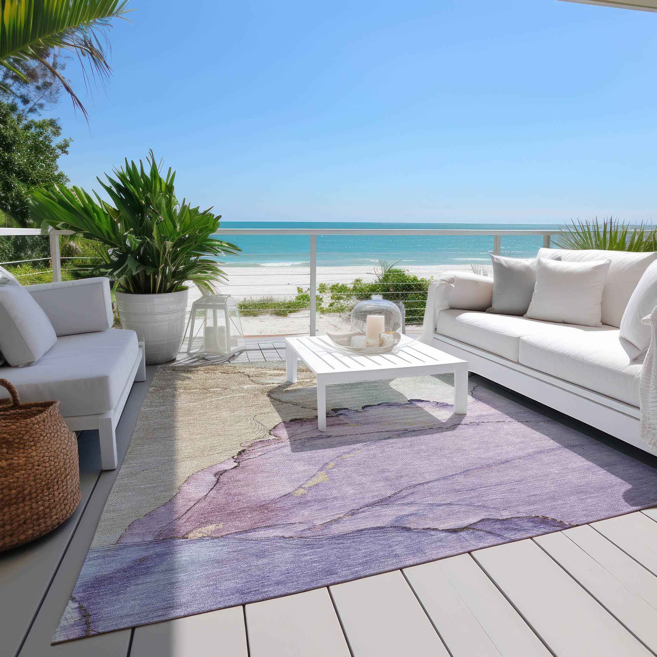 9' X 12' Lavender And Beige Abstract Washable Indoor Outdoor Area Rug