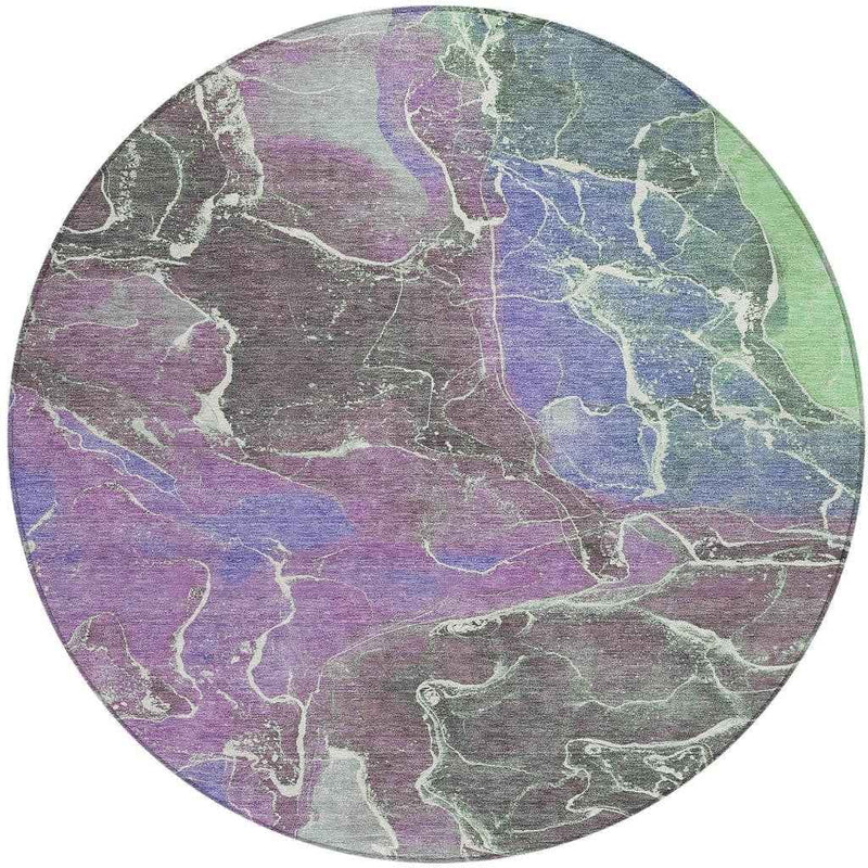 8' Purple Gray And Mint Green Round Abstract Washable Indoor Outdoor Area Rug