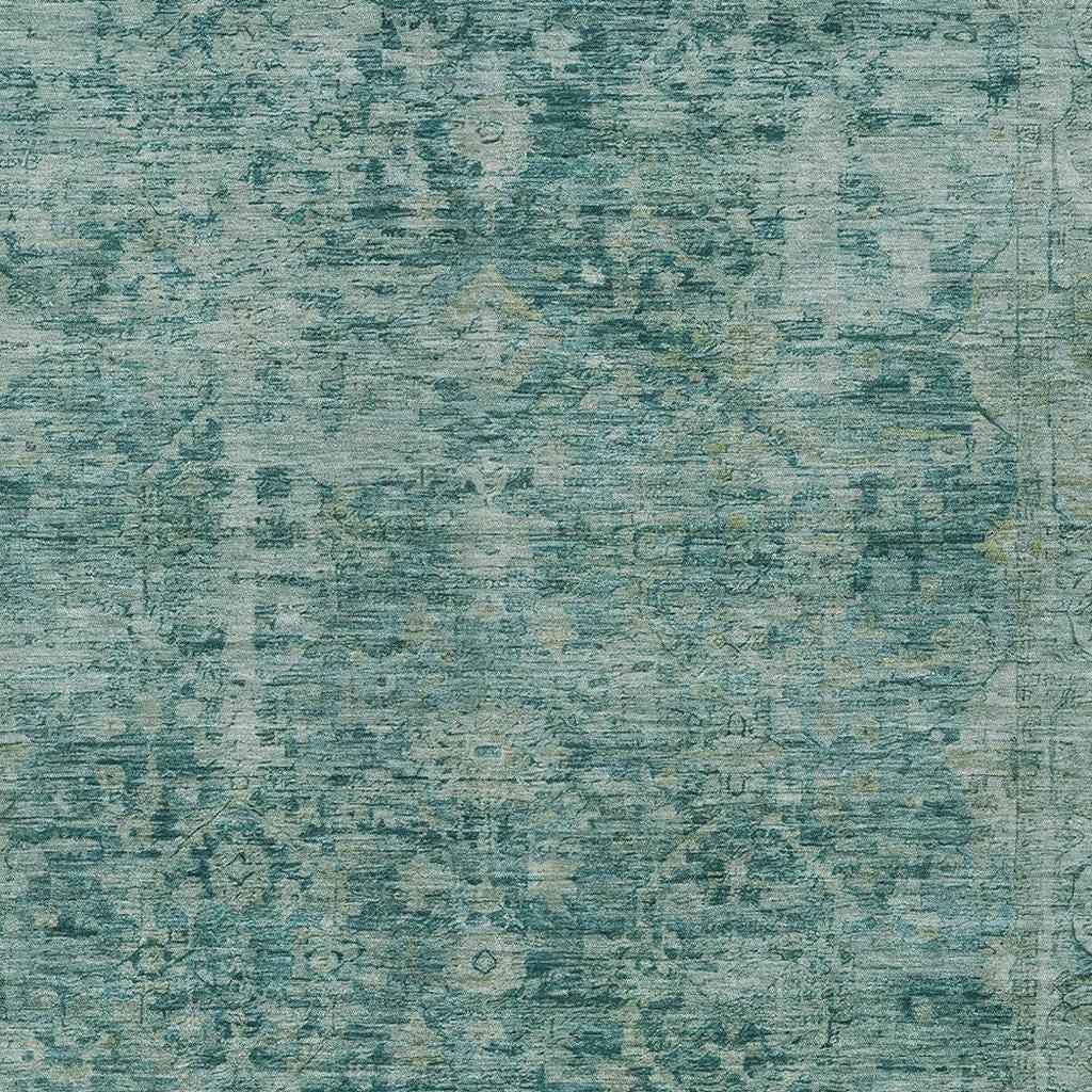 3' X 5' Teal Blue And Olive Green Abstract Washable Indoor Outdoor Area Rug