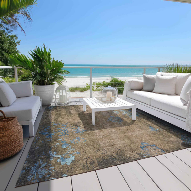 8' X 10' Taupe And Blue Floral Washable Indoor Outdoor Area Rug