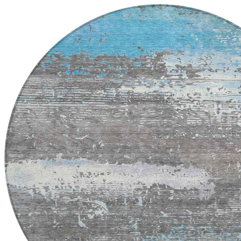 8' Teal Blue Gray And Silver Round Abstract Washable Indoor Outdoor Area Rug