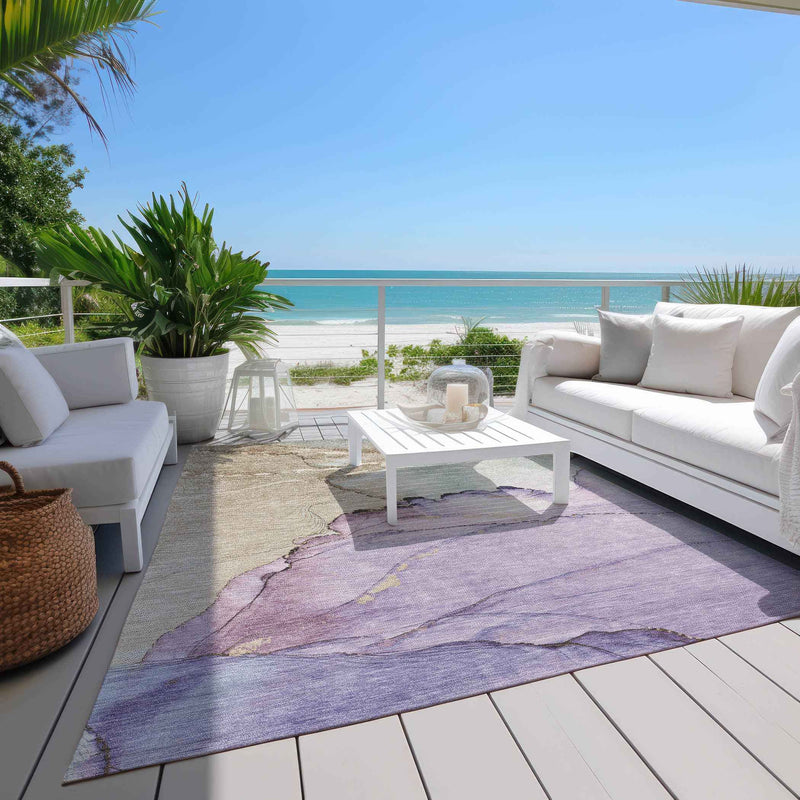 5' X 8' Lavender And Beige Abstract Washable Indoor Outdoor Area Rug