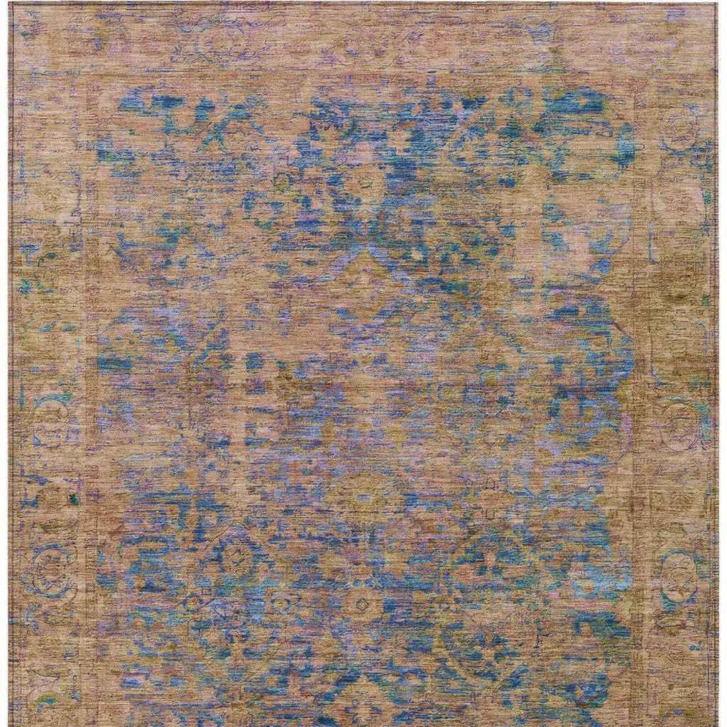 9' X 12' Navy Blue And Gold Abstract Washable Indoor Outdoor Area Rug