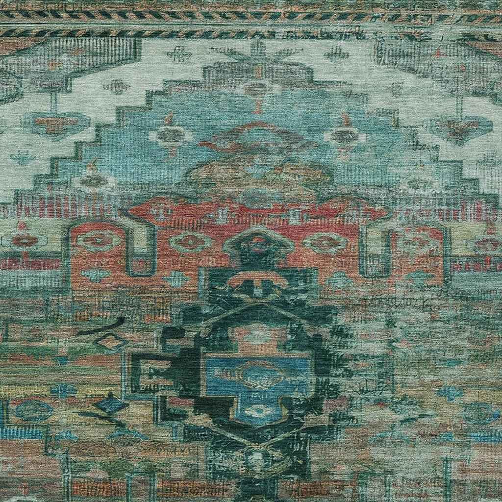 3' X 5' Teal Blue Copper And Gold Tribal Washable Indoor Outdoor Area Rug