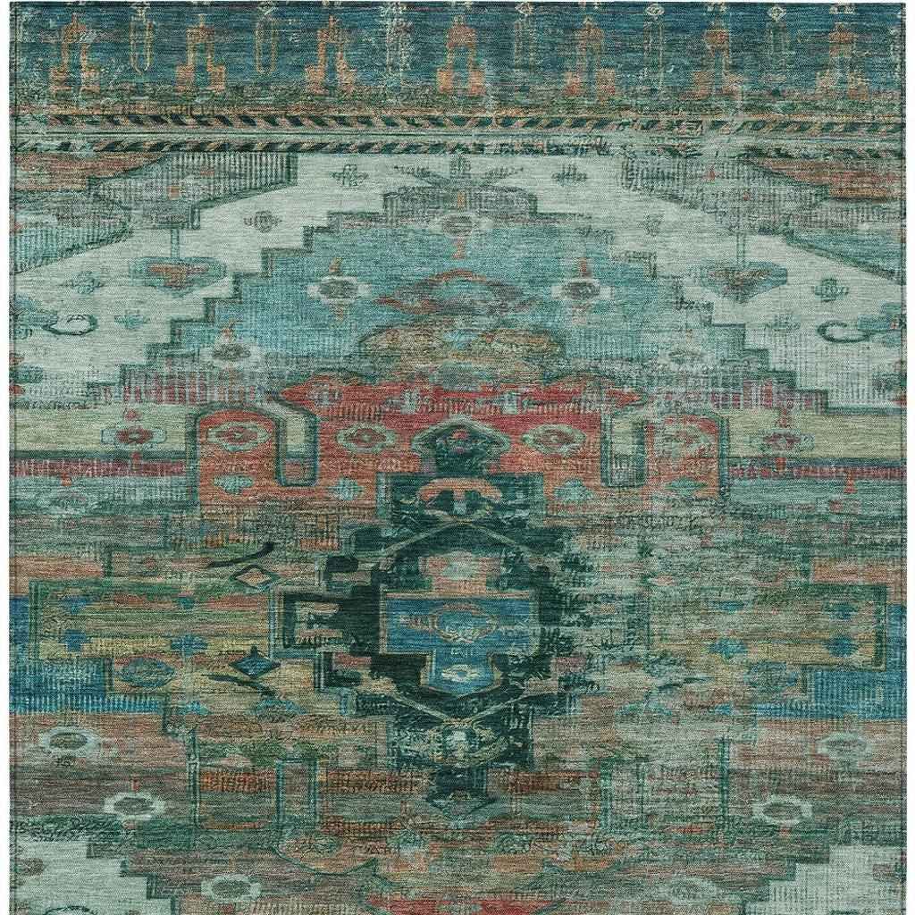 3' X 5' Teal Blue Copper And Gold Tribal Washable Indoor Outdoor Area Rug