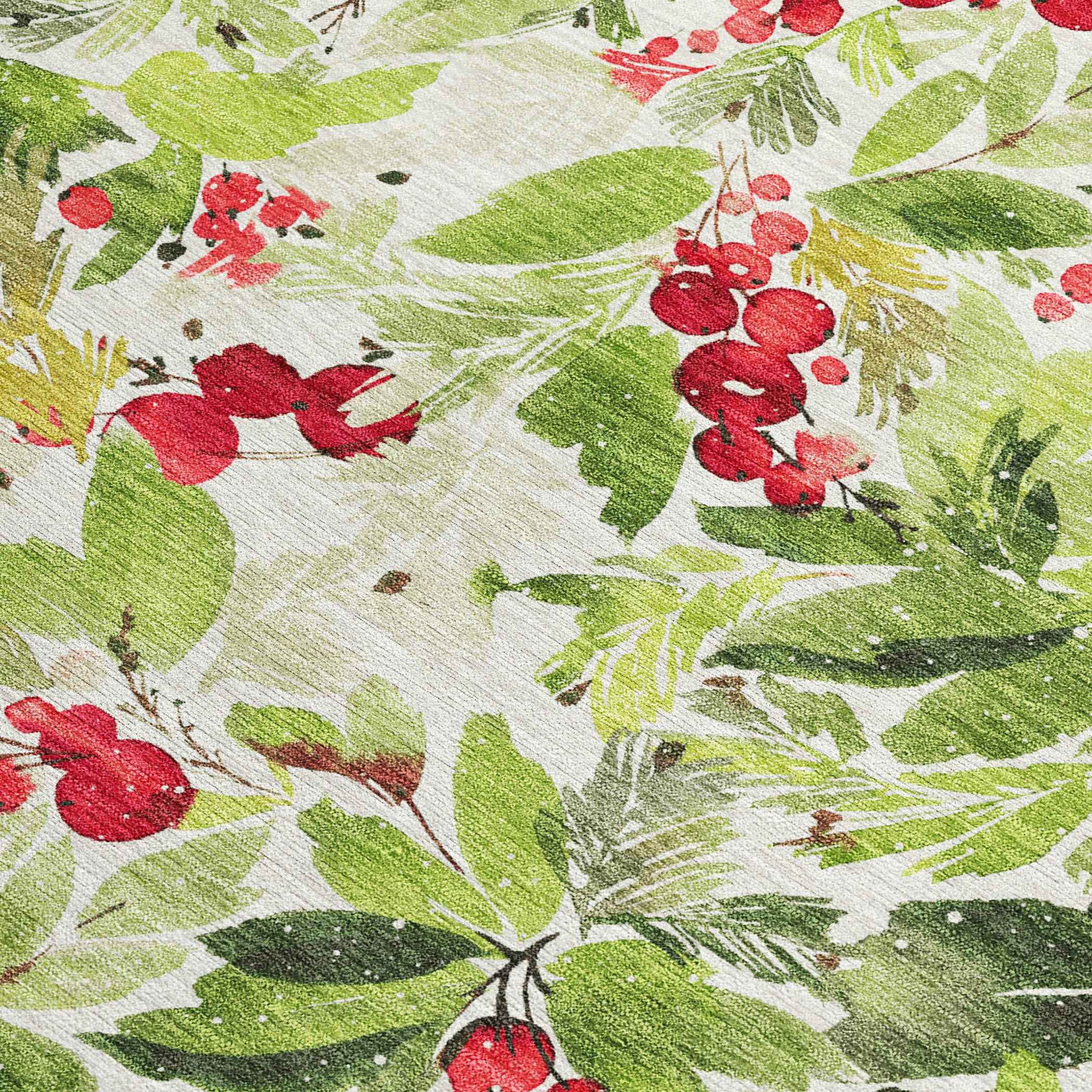 5' X 8' Artichoke Green Burgundy And Ivory Botanical Leaves Washable Indoor Outdoor Area Rug