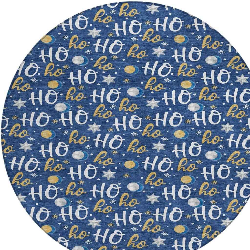 8' Navy Blue White And Gold Round Polka Dot Washable Indoor Outdoor Area Rug
