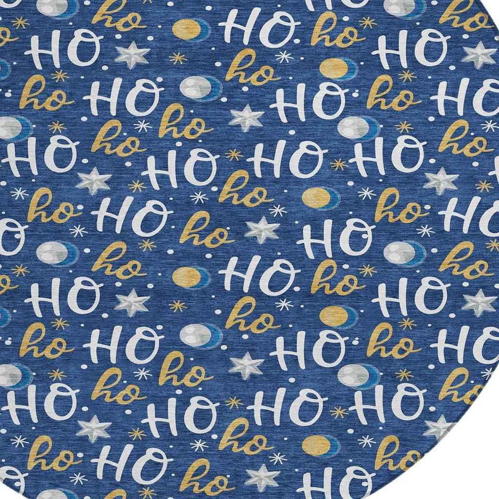 8' Navy Blue White And Gold Round Polka Dot Washable Indoor Outdoor Area Rug