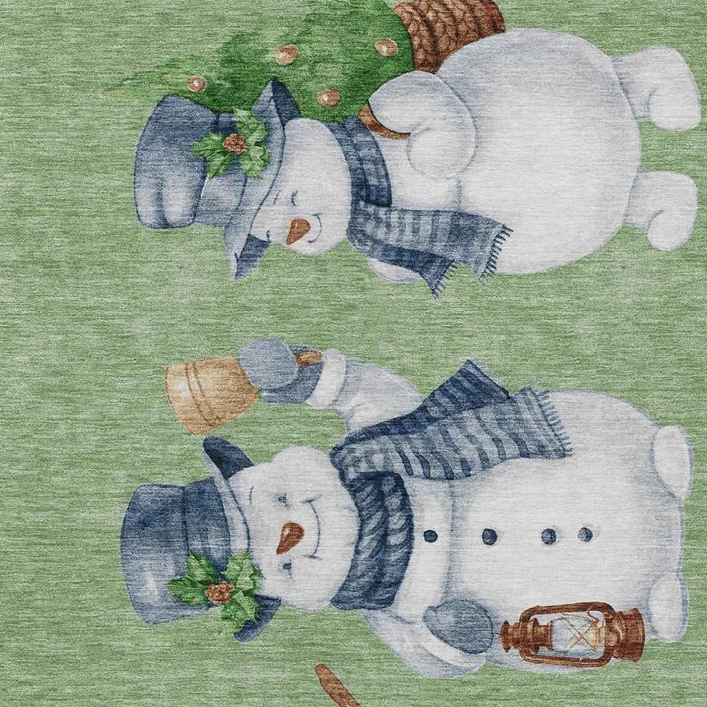 5' X 8' Artichoke Green Denim Blue And Ivory Botanical Leaves Washable Indoor Outdoor Area Rug