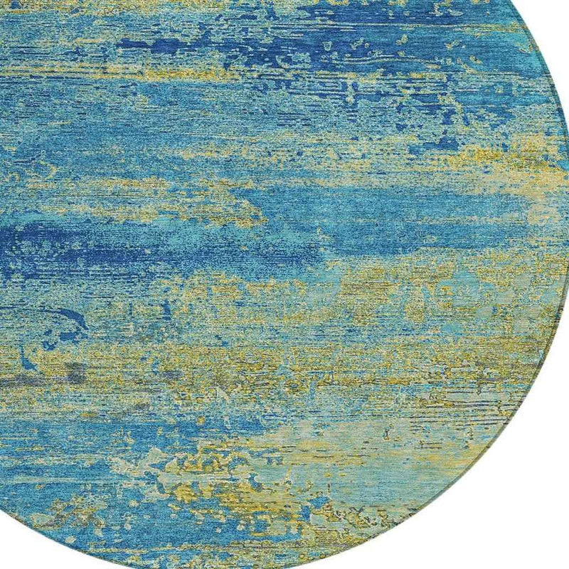 8' Navy Blue Sky Blue And Olive Green Round Abstract Washable Indoor Outdoor Area Rug