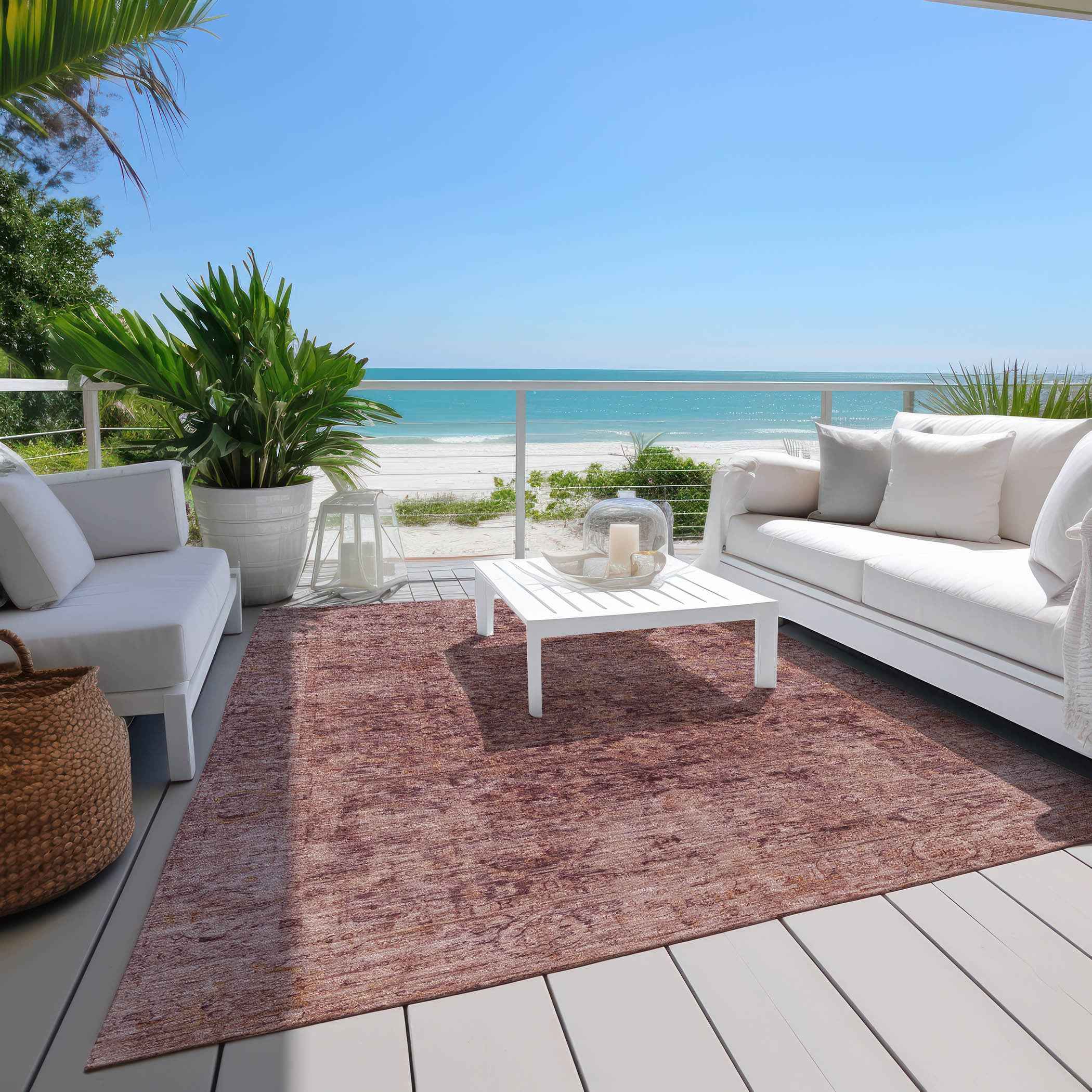 5' X 8' Merlot And Blush Abstract Washable Indoor Outdoor Area Rug