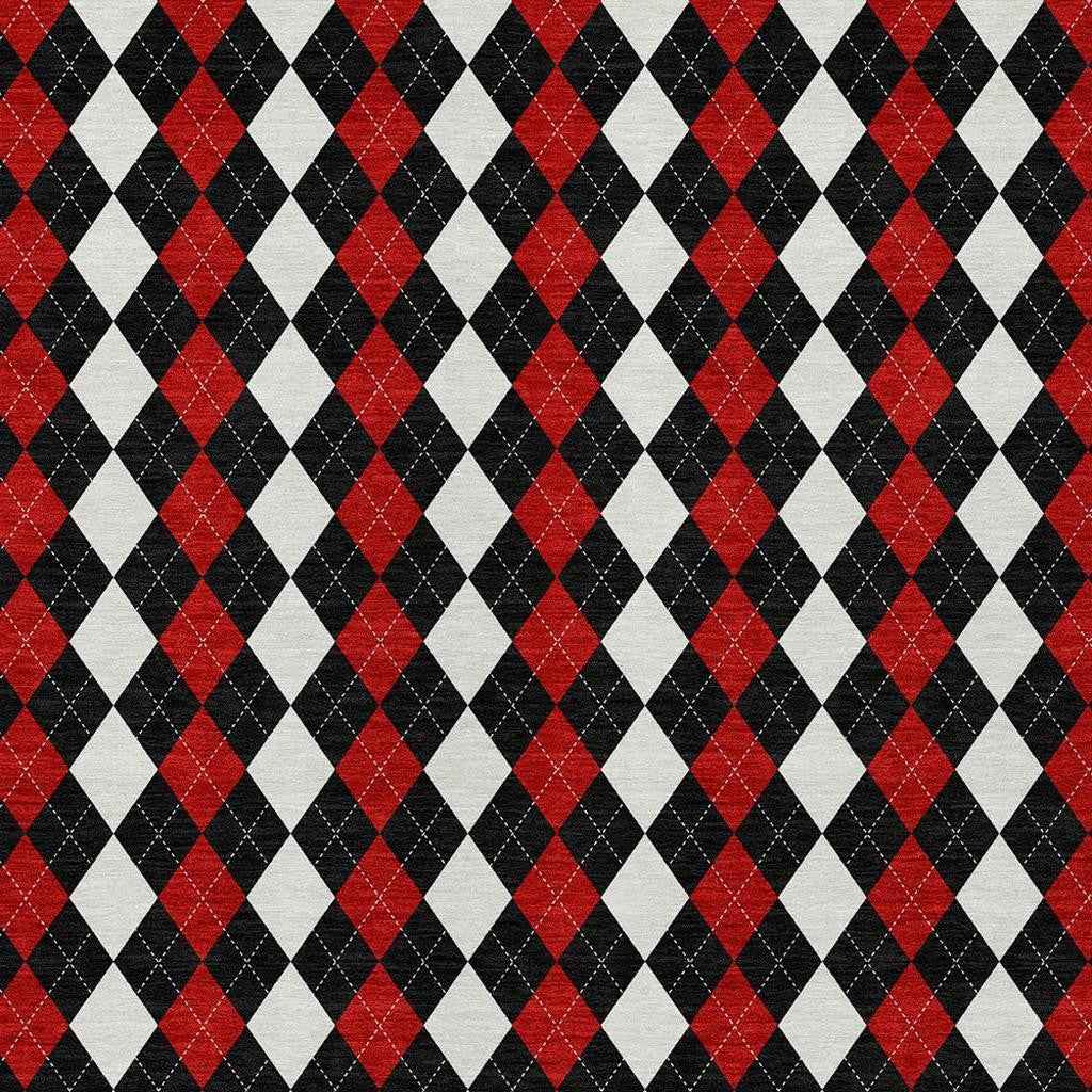 8' X 10' Black Red And White Argyle Washable Indoor Outdoor Area Rug
