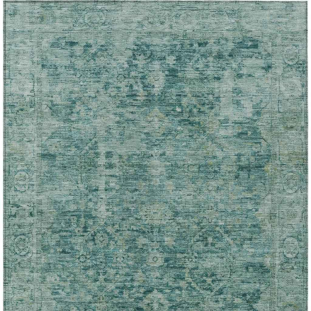 10' X 14' Teal Blue And Olive Green Abstract Washable Indoor Outdoor Area Rug