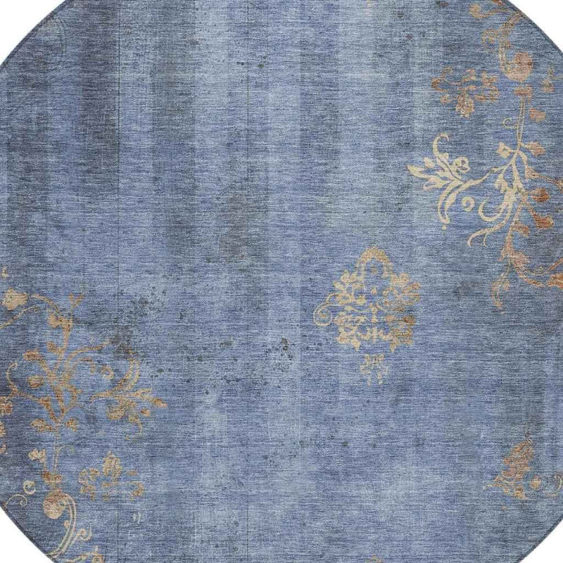 8' Denim Blue And Beige Round Floral Washable Indoor Outdoor Area Rug