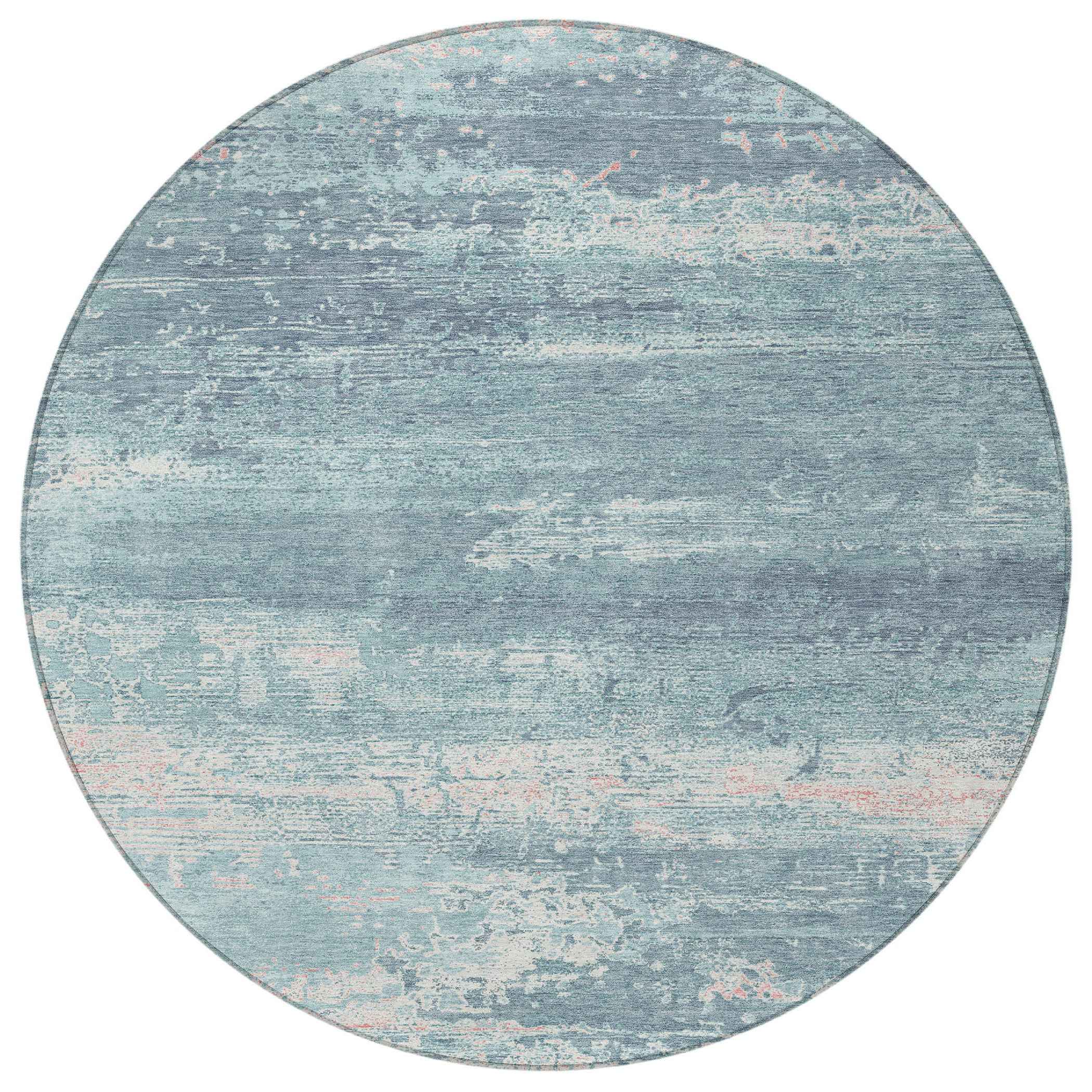 8' Teal Blue And Ivory Round Abstract Washable Indoor Outdoor Area Rug