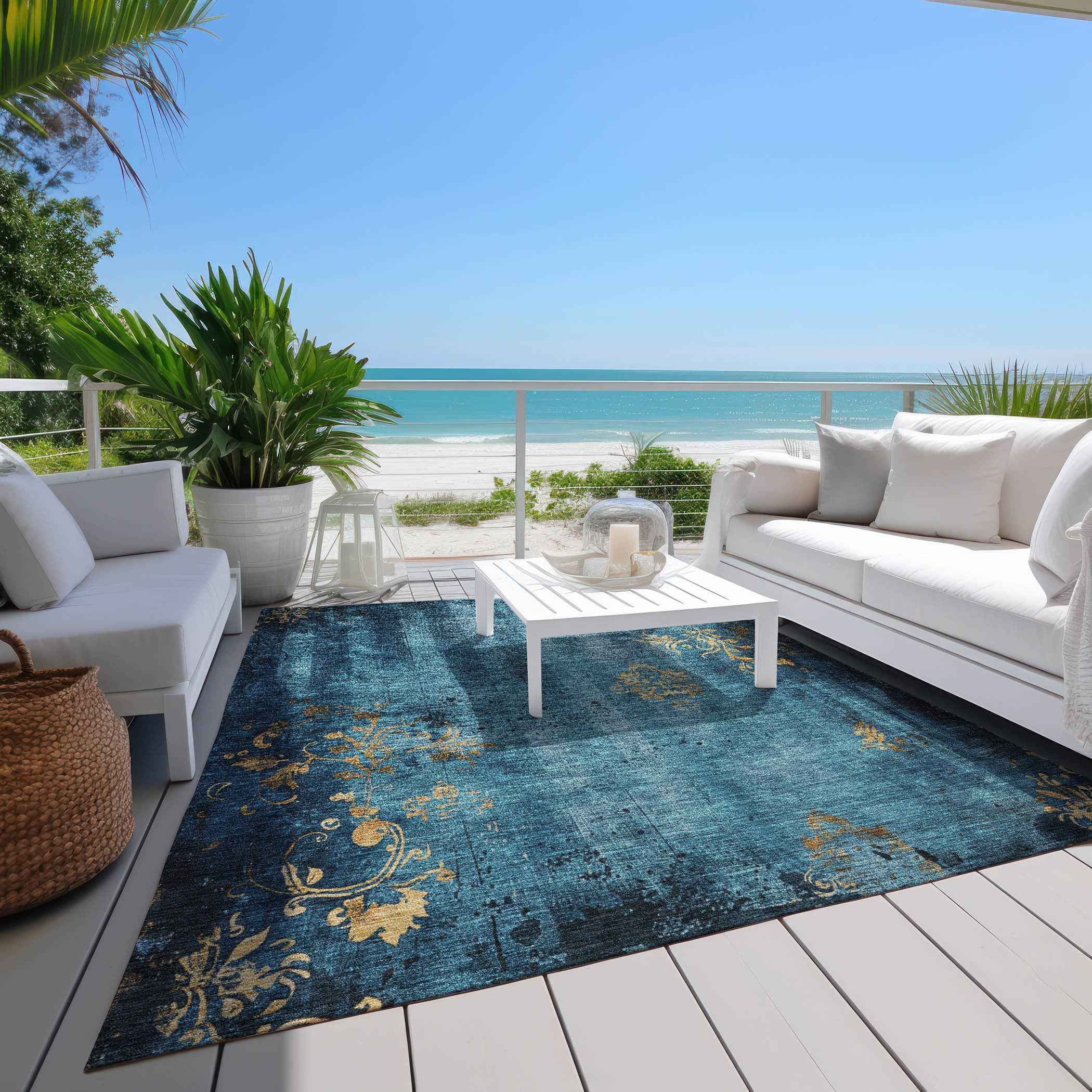 5' X 8' Blue And Gold Floral Washable Indoor Outdoor Area Rug