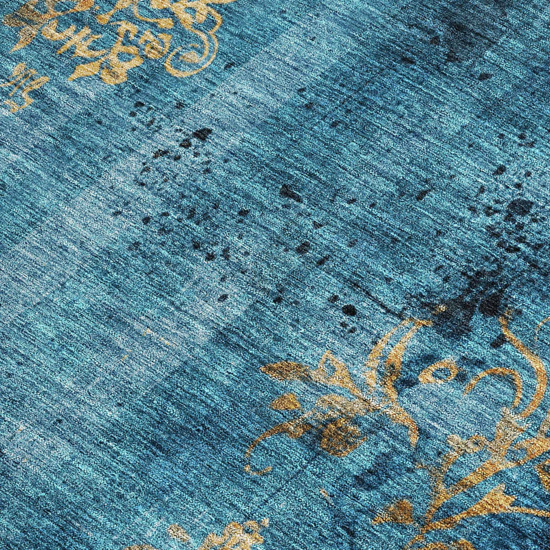 5' X 8' Blue And Gold Floral Washable Indoor Outdoor Area Rug