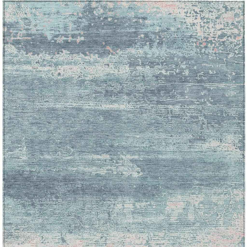 8' X 10' Teal Blue And Ivory Abstract Washable Indoor Outdoor Area Rug