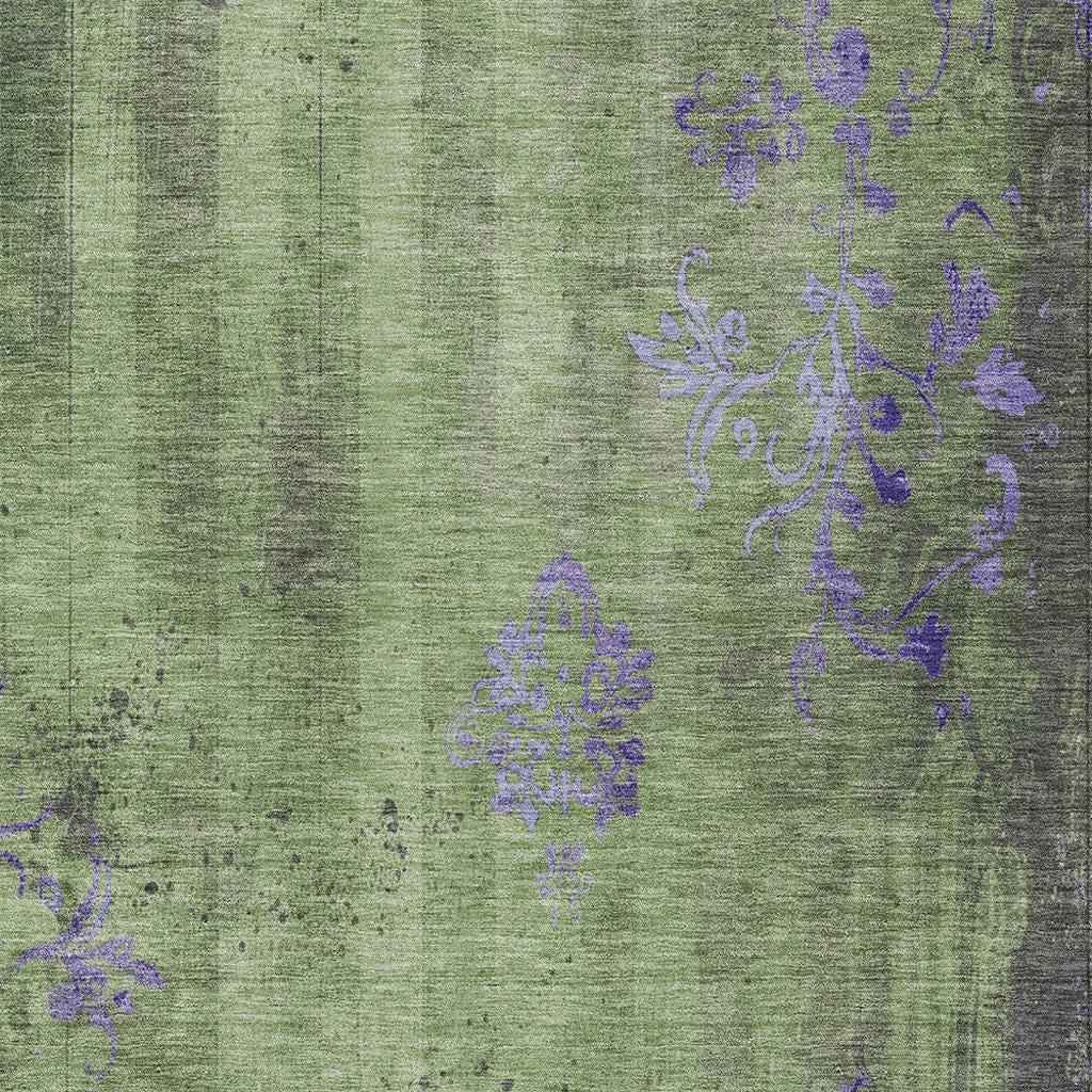 5' X 8' Artichoke Green And Purple Floral Washable Indoor Outdoor Area Rug