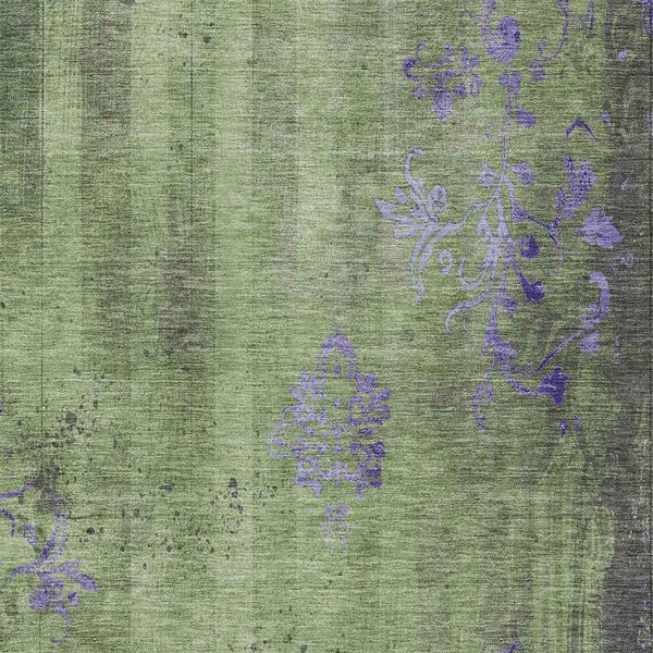 5' X 8' Artichoke Green And Purple Floral Washable Indoor Outdoor Area Rug