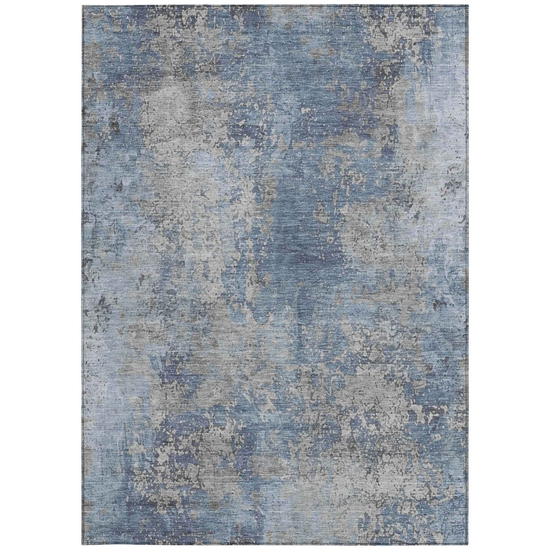 8' X 10' Denim Blue And Silver Abstract Washable Indoor Outdoor Area Rug